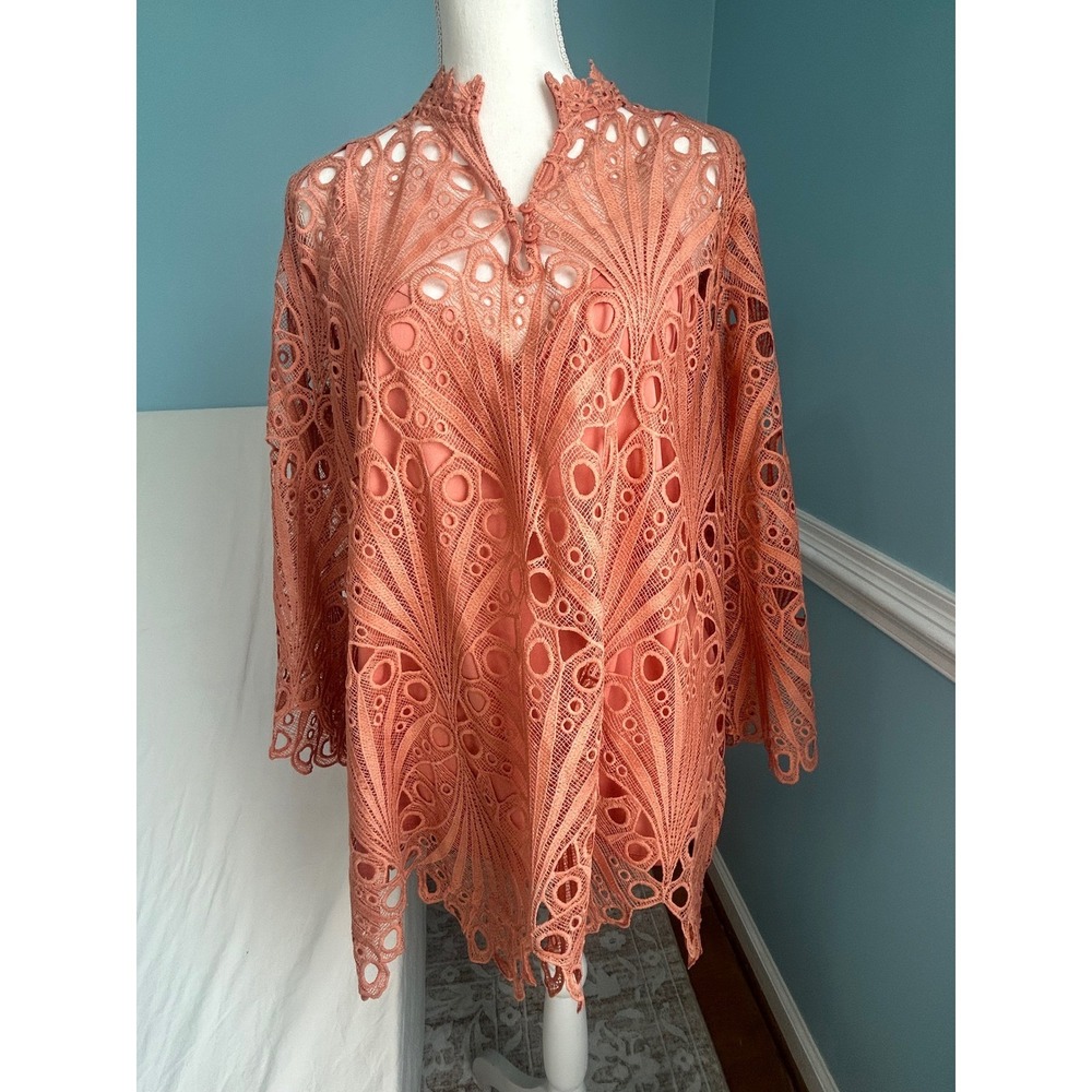 Adiva Women 1X Coral‎ Orange Guipure Lace Mock Neck Keyhole Blouse B3BC386C018AN